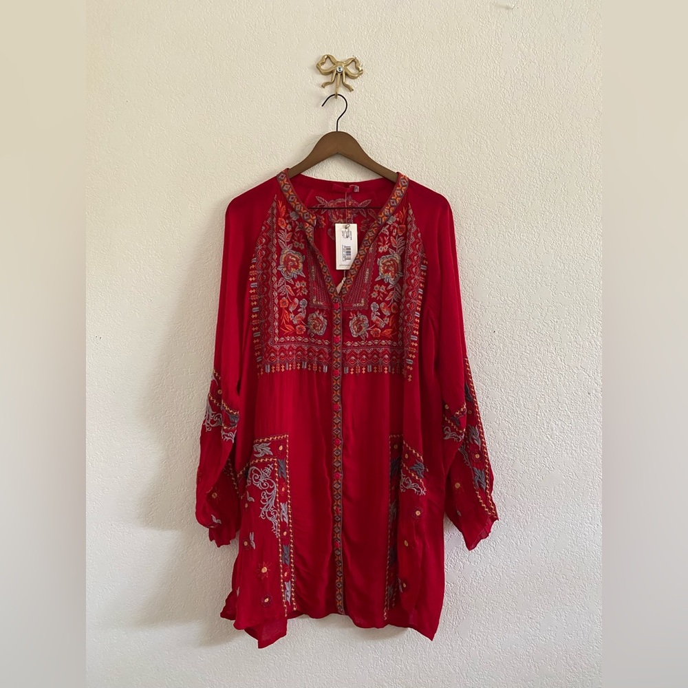 Johnny Was Tapestry Tunic Blouse Wild Cherry Red Size Large Embroidered